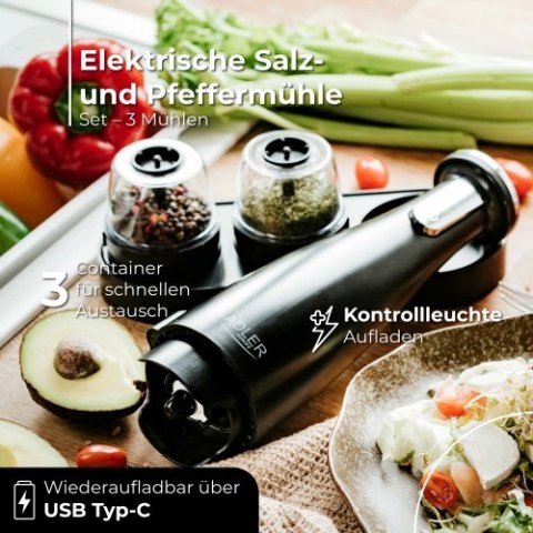 AD 4449 black Młynek do przypraw, soli i pieprzu - zestaw 3 młynków - usb