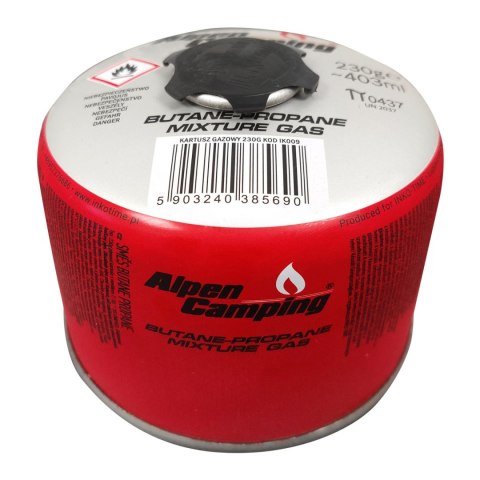 Kartusz gazowy 230g Alpen Camping. certyfikat: Pi 0656, zgodny z EN417, propan-butan, zakres -10°c do+ 40°c, zawór gwintowany 7/