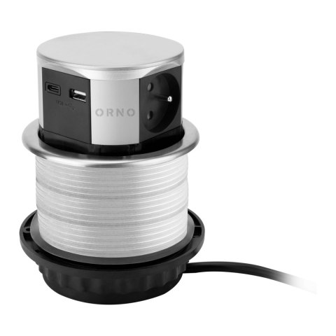 Gniazdo meblowe ?10cm wysuwane z blatu z ładowarką USB i przewodem 1,5m, 3x2P+Z (French), 2xUSB (typ A+C; max. 3A), srebrne