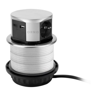 Gniazdo meblowe ?10cm wysuwane z blatu z ładowarką USB i przewodem 1,5m, 3x2P+Z (Schuko), 2xUSB (typ A+C; max. 3A), srebrne