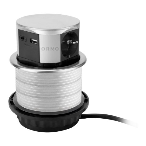 Gniazdo meblowe ?10cm wysuwane z blatu z ładowarką USB i przewodem 1,5m, 3x2P+Z (Schuko), 2xUSB (typ A+C; max. 3A), srebrne