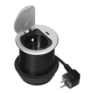 Gniazdo meblowe ?6cm wpuszczane w blat z pokrywką, ładowarką USB i przewodem 1,9m, 1x2P+Z (French), 1xUSB (typ C; PD20W), srebrn