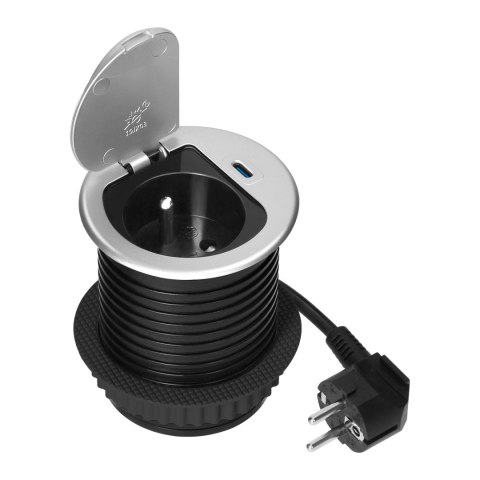 Gniazdo meblowe ?6cm wpuszczane w blat z pokrywką, ładowarką USB i przewodem 1,9m, 1x2P+Z (French), 1xUSB (typ C; PD20W), srebrn