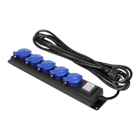 Przedłużacz warsztatowy bryzgoszczelny z wyłącznikiem, 5 gniazd 2P+Z, IP44, schuko przewód gumowy, H05RR-F 3x1,5mm2, długość 3m