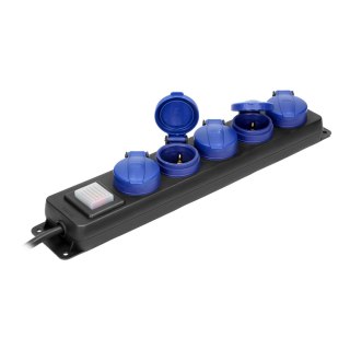 Przedłużacz warsztatowy bryzgoszczelny z wyłącznikiem, 5 gniazd 2P+Z, IP44, schuko przewód gumowy, H05RR-F 3x1,5mm2, długość 3m