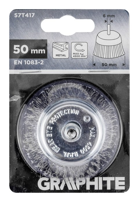 Szczotka druciana doczołowa 50 mm, drut karbowany, stalowy, z trzpieniem 6 mm