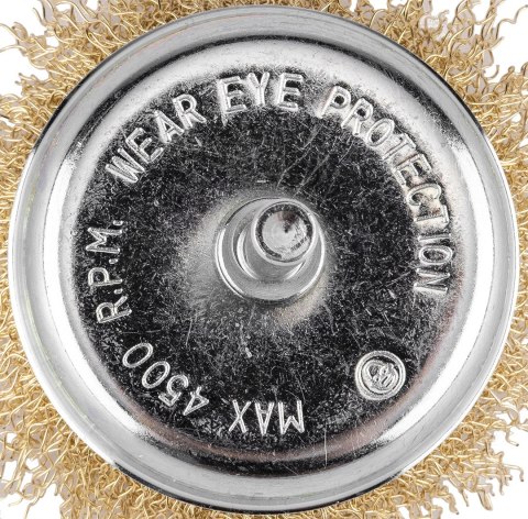 Szczotka druciana doczołowa 75 mm, drut karbowany, mosiądzowany, z trzpieniem 6 mm