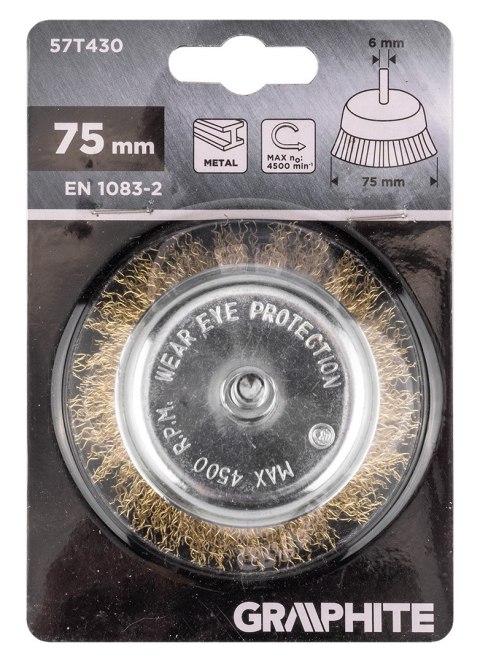 Szczotka druciana doczołowa 75 mm, drut karbowany, mosiądzowany, z trzpieniem 6 mm