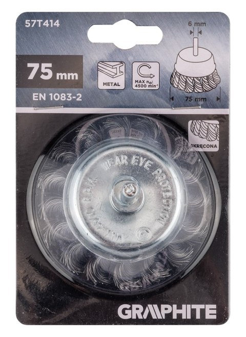 Szczotka druciana doczołowa 75 mm, drut skręcony, stalowy, z trzpieniem 6 mm