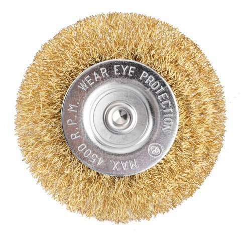 Szczotka druciana tarczowa 80 mm, drut karbowany, mosiądzowany, z trzpieniem 6 mm