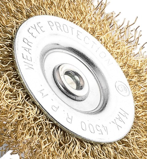 Szczotka druciana tarczowa 80 mm, drut karbowany, mosiądzowany, z trzpieniem 6 mm