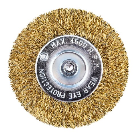 Szczotka druciana tarczowa 80 mm, drut karbowany, mosiądzowany, z trzpieniem 6 mm