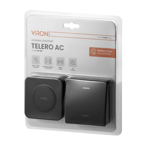 TELERO AC, dzwonek bezprzewodowy, sieciowy, przycisk bezbateryjny, learning system, 36 dźwięków, 200m, czarny