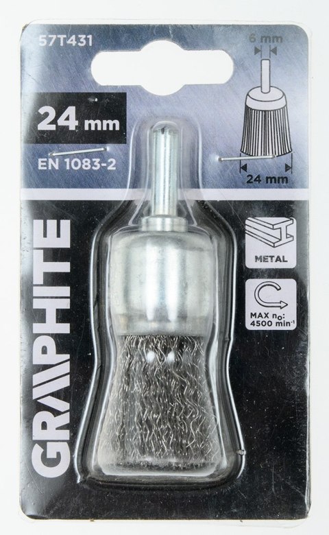 Szczotka druciana pędzelkowa 24 mm, drut karbowany, stalowy, z trzpieniem 6 mm