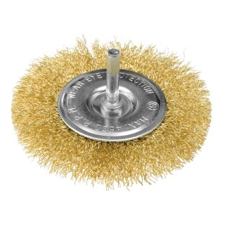 Szczotka druciana tarczowa 100 mm, drut karbowany, mosiądzowany, z trzpieniem 6 mm