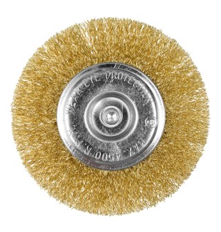 Szczotka druciana tarczowa 100 mm, drut karbowany, mosiądzowany, z trzpieniem 6 mm