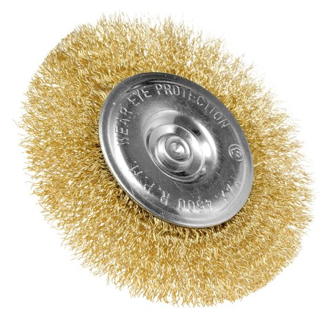 Szczotka druciana tarczowa 100 mm, drut karbowany, mosiądzowany, z trzpieniem 6 mm