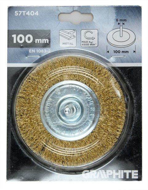 Szczotka druciana tarczowa 100 mm, drut karbowany, mosiądzowany, z trzpieniem 6 mm