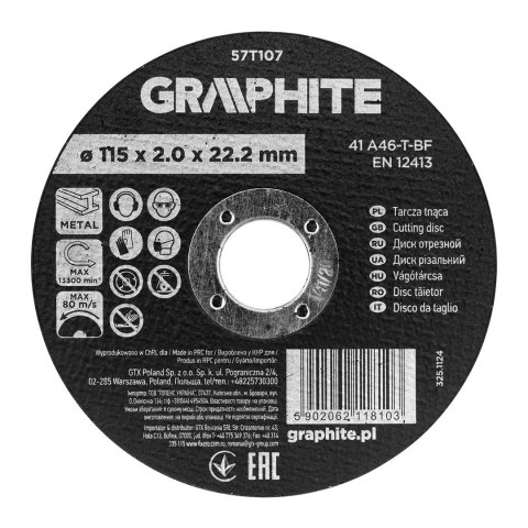 Tarcza tnąca, korundowa do metalu 115 x 2.0 x 22.2 mm, 41 A46-T-BF