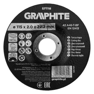 Tarcza tnąca, korundowa do metalu 115 x 2.0 x 22.2 mm, 42 A46-T-BF, wypukła