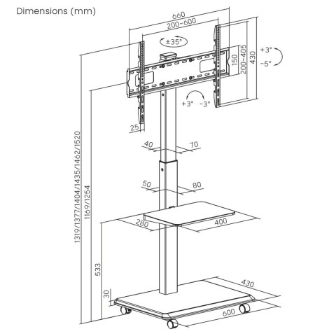 Stand / wózek dla TV Ergo-Office, max. obciążenie 50kg / 5kg półka, max. VESA 600x400, wbud. listwa zasil., czarny, ER-304 B