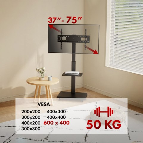 Stand / wózek dla TV Ergo-Office, max. obciążenie 50kg / 5kg półka, max. VESA 600x400, wbud. listwa zasil., czarny, ER-304 B