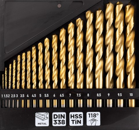 Wiertła do metalu HSS TiN, 1 - 10 mm, zestaw 19 szt.
