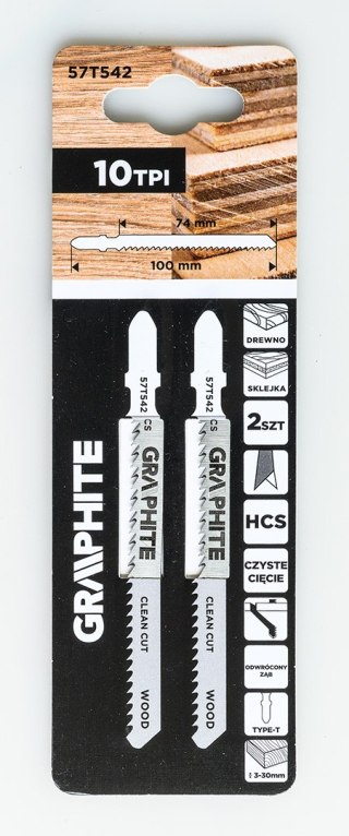 Brzeszczot do wyrzynarki, 10 TPI, HCS, uchwyt typu T, 2 szt., ząb odwrócony, czyste cięcie