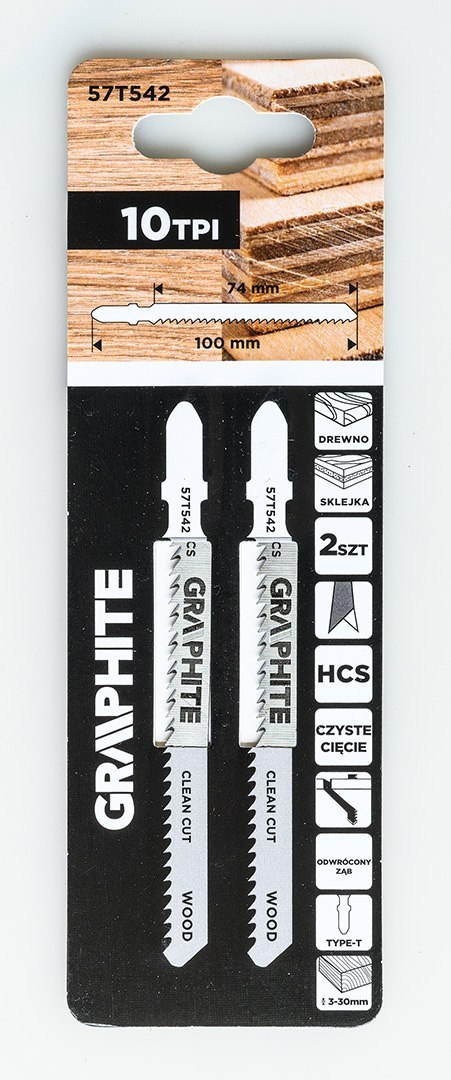 Brzeszczot do wyrzynarki, 10 TPI, HCS, uchwyt typu T, 2 szt., ząb odwrócony, czyste cięcie
