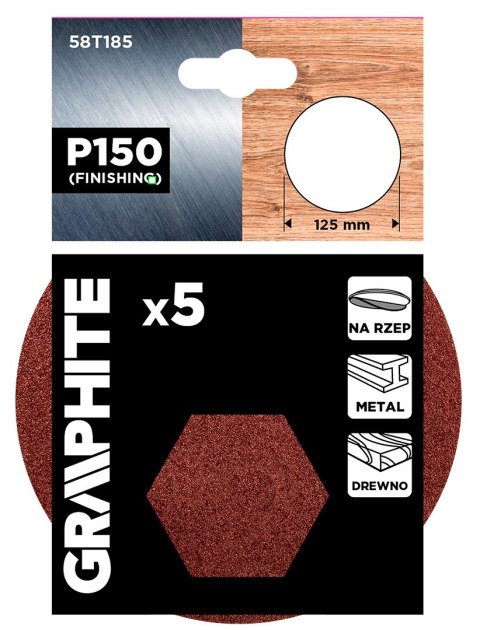 Krążki ścierne na rzep 125 mm, P150, 5 szt., bez otworów