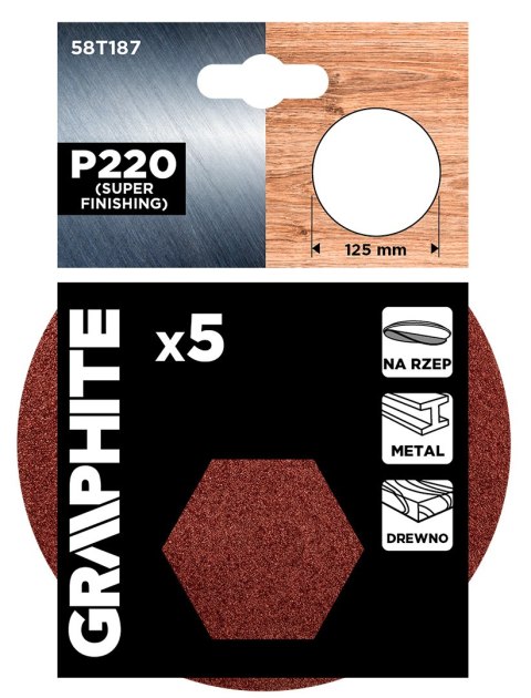 Krążki ścierne na rzep 125 mm, P220, 5 szt., bez otworów