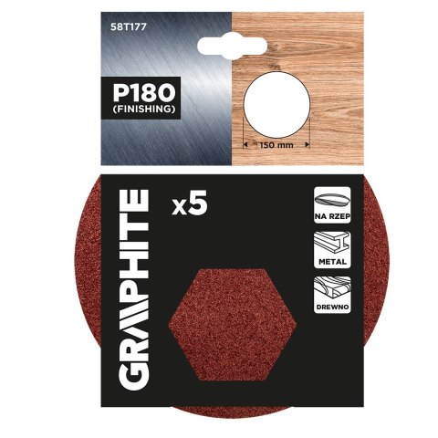 Krążki ścierne na rzep 150 mm, P180, 5 szt., bez otworów