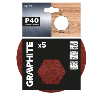 Krążki ścierne na rzep 150 mm, P40, 5 szt., bez otworów