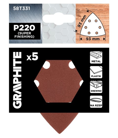 Papiery ścierne delta na rzep 93 x 93 mm, P220, 5 szt., z 6 otworami