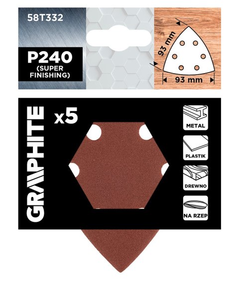 Papiery ścierne delta na rzep 93 x 93 mm, P240, 5 szt., z 6 otworami