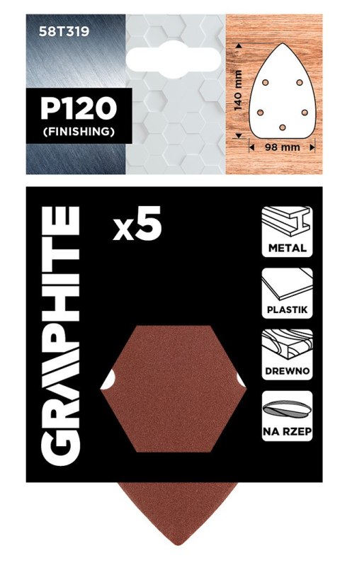 Papiery ścierne żelazko, na rzep 98 x 140 mm, P120, 5 szt., z 5 otworami