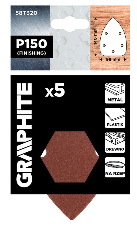 Papiery ścierne żelazko, na rzep 98 x 140 mm, P150, 5 szt., z 5 otworami