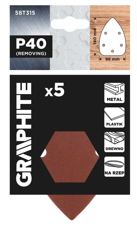 Papiery ścierne żelazko, na rzep 98 x 140 mm, P40, 5 szt., z 5 otworami