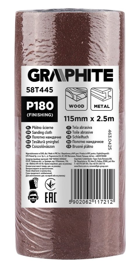 Płótno ścierne w rolce 2,5 m x 115 mm, P180 Płótno ścierne w rolce 2,5 m x 115 mm, P180