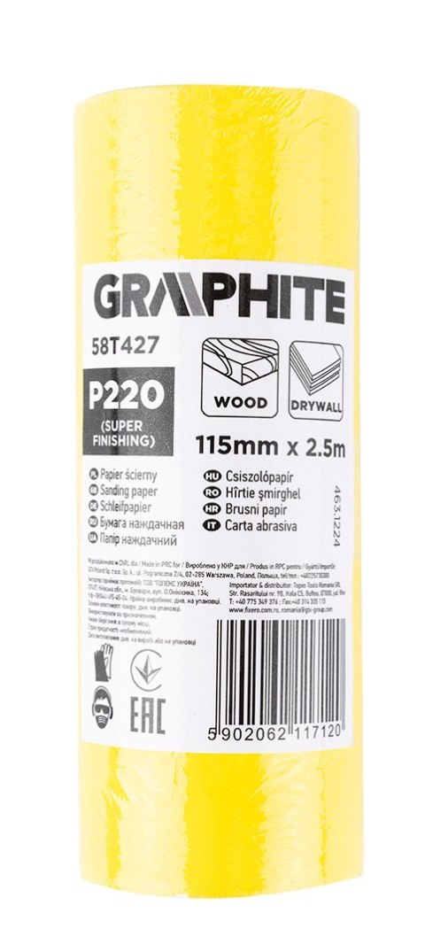 Papier ścierny żółty w rolce 2,5 m x 115 mm, P220 Papier ścierny żółty w rolce 2,5 m x 115 mm, P220