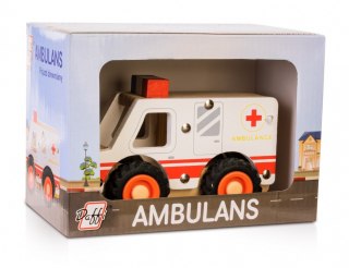 Drewniane auto z oponami ambulans
