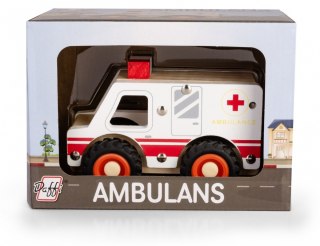 Drewniane auto z oponami ambulans
