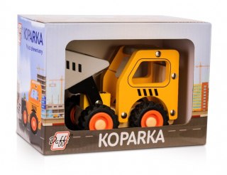 Drewniane auto z oponami koparka