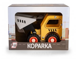 Drewniane auto z oponami koparka