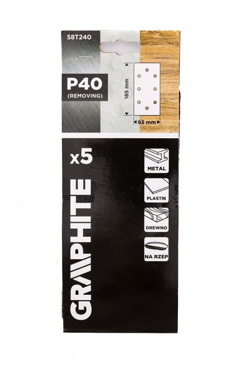 Papiery ścierne na rzep 93 x 185 mm, P40, 5 szt., z 8 otworami