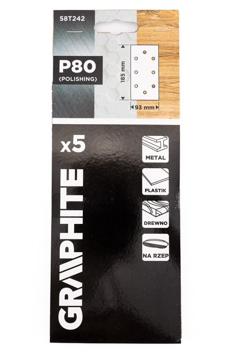 Papiery ścierne na rzep 93 x 185 mm, P80, 5 szt., z 8 otworami