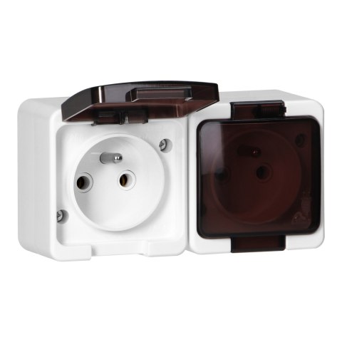 Gniazdo podwójne 2P+Z bryzgoodporne z klapką dymną IP44, SMART, biały