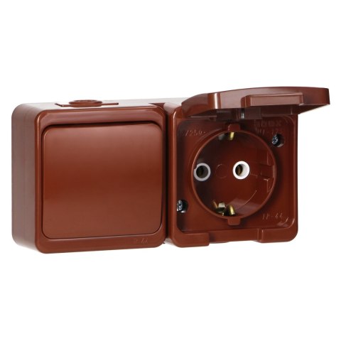 Gniazdo pojedyncze 2P+Z bryzgood. SCHUKO z klapką w kol.wyrobu + Łącznik 1-biegunowy IP44, SMART, brązowy