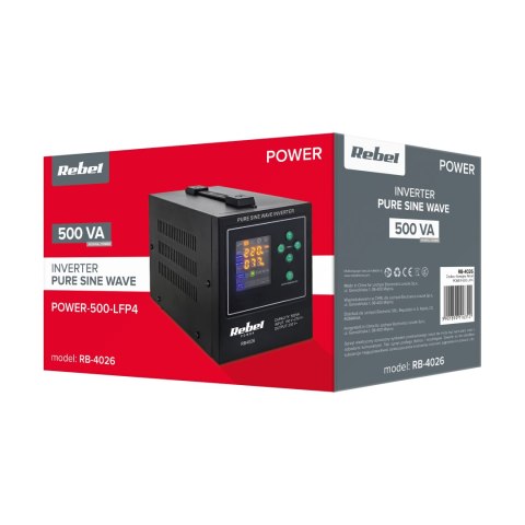 Zasilacz awaryjny Rebel POWER-500-LFP4 - przetwornica z czystym przebiegiem sinusoidalnym i funkcją ładowania 12V 230V 500VA/30