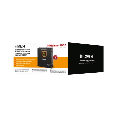 Zasilacz awaryjny naścienny KEMOT PROsinus-1000 przetwornica z czystym przebiegiem sinusoidalnym i funkcją ładowania 12V 230V 